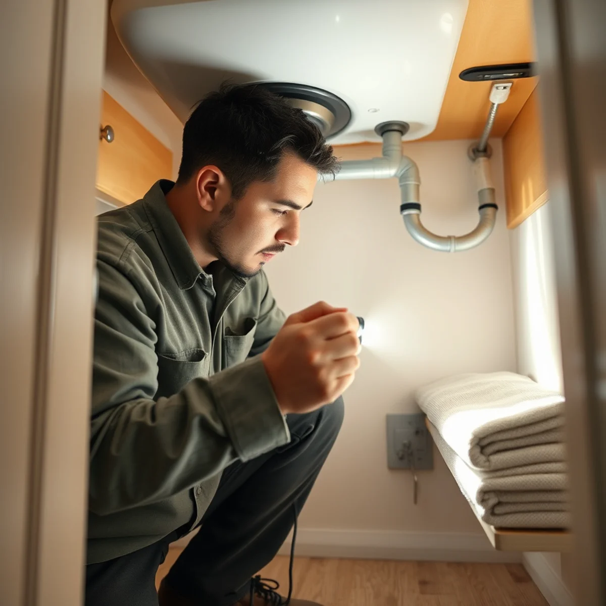 Homeowner checking under a kitchen sink for leaks with a flashlight
