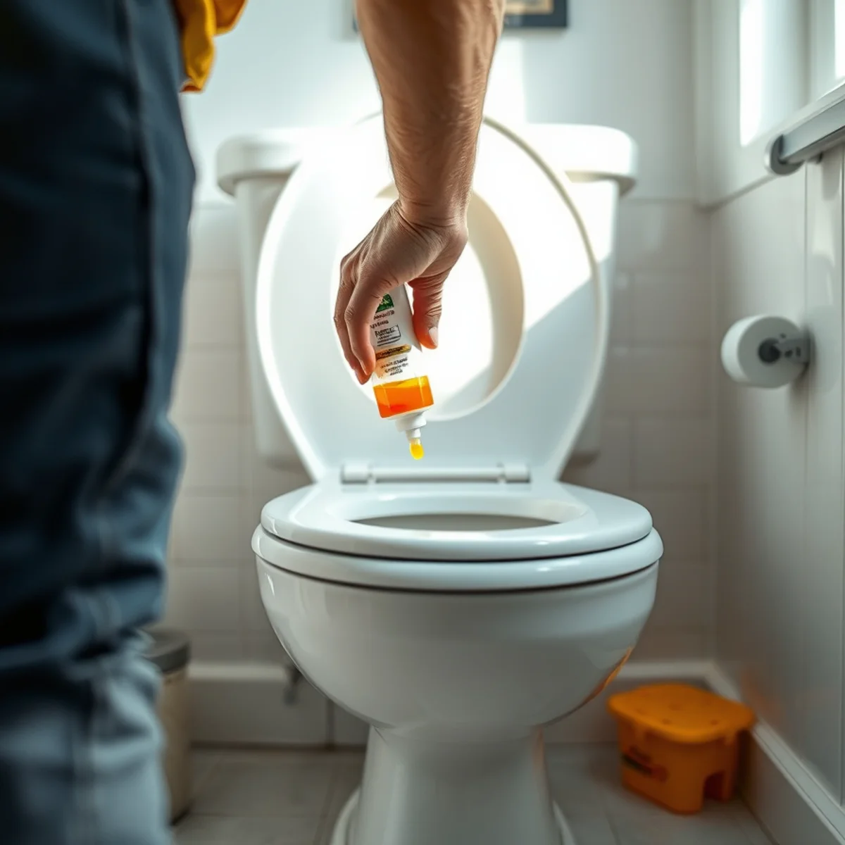 Running a dye test on a toilet tank to check for a silent leak