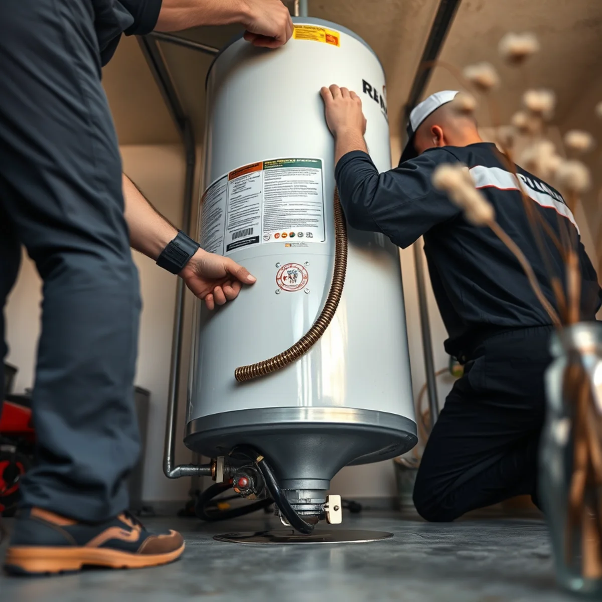 Inspecting the base of a garage water heater and appliance supply lines