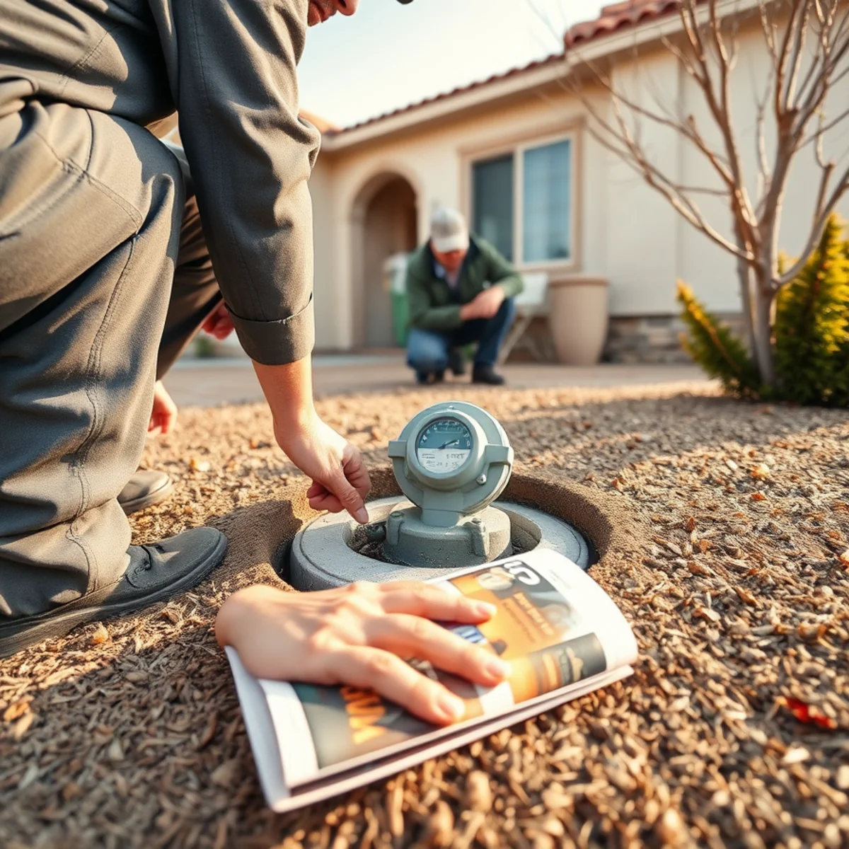 Reading the water meter leak indicator at the curb of a Murrieta home