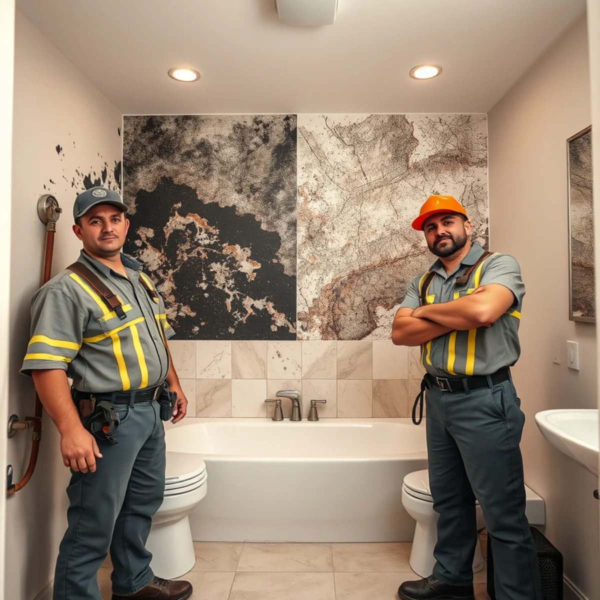 Close-up comparison of black mold and mildew in a Murrieta bathroom