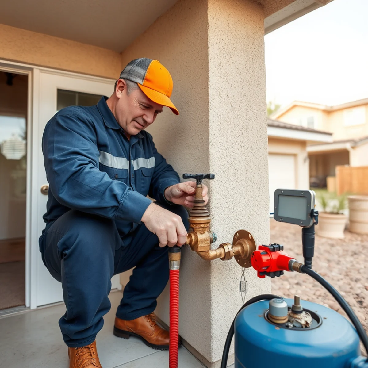 Homeowner shutting off the main water valve after a burst pipe in a Murrieta home