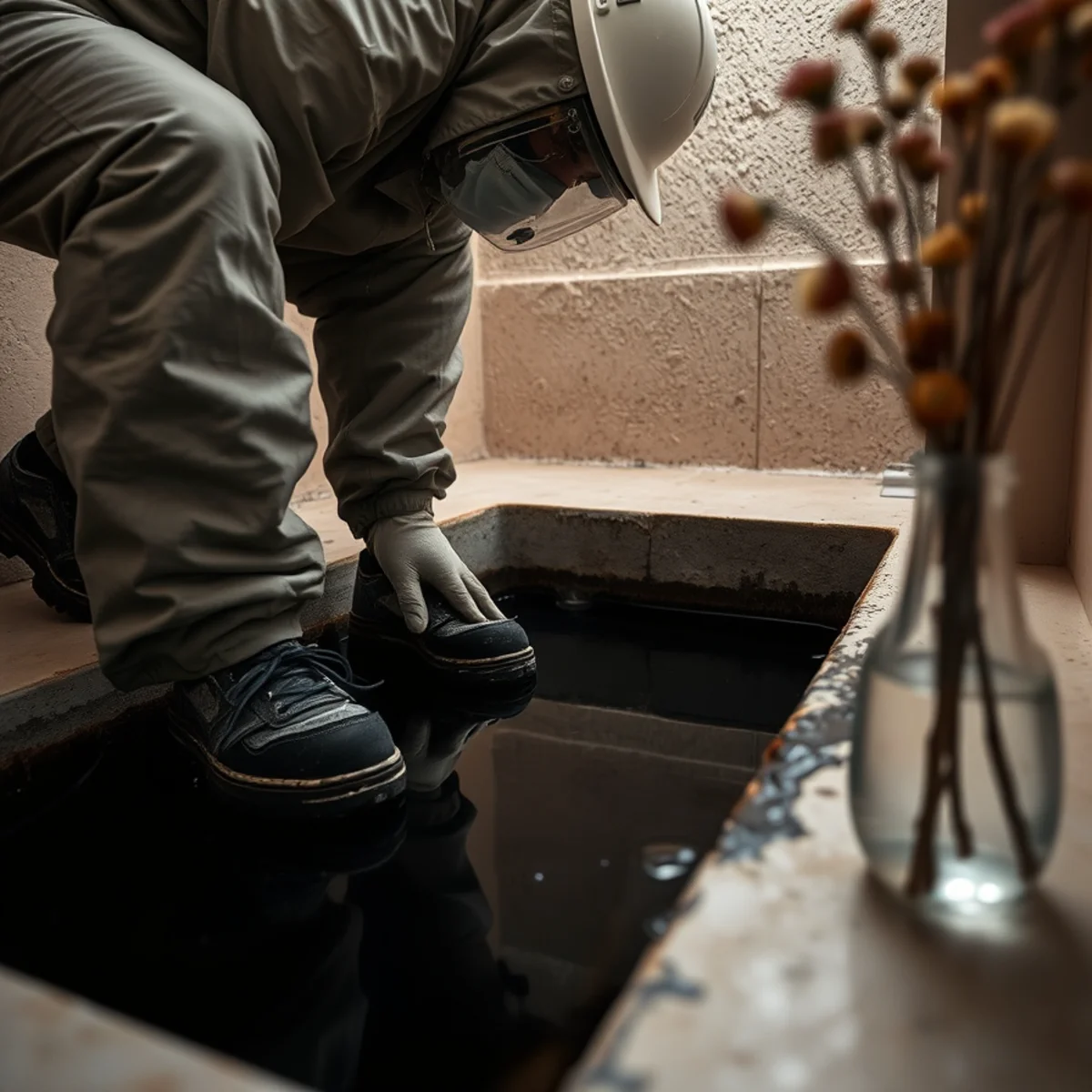 Technician in protective gear addressing Category 3 black water near a floor drain