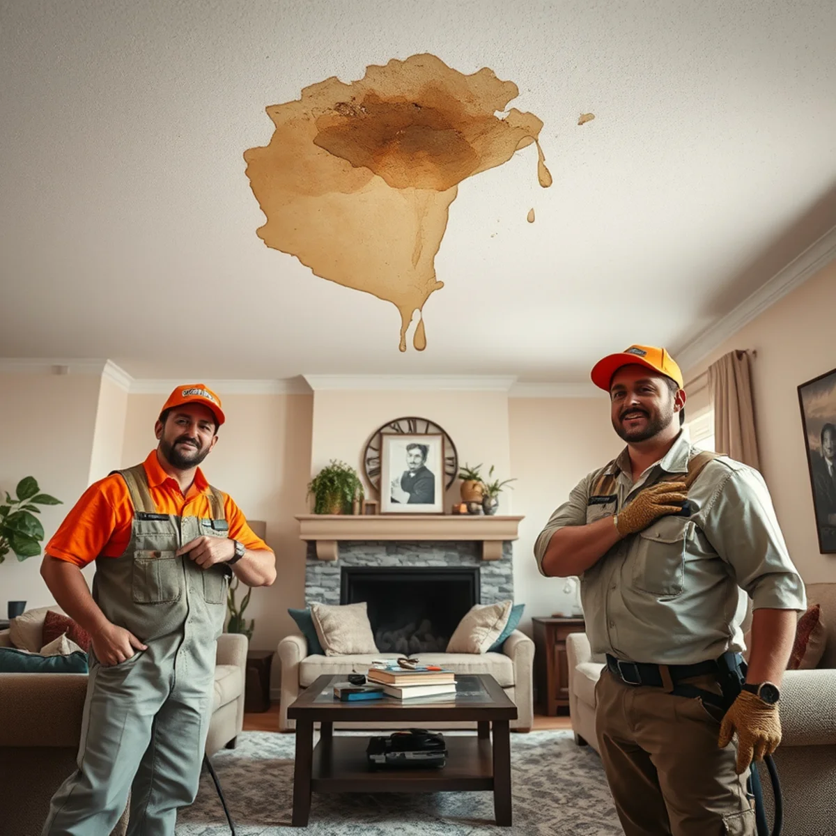 Water stain and drip forming on a living room ceiling during a Murrieta storm