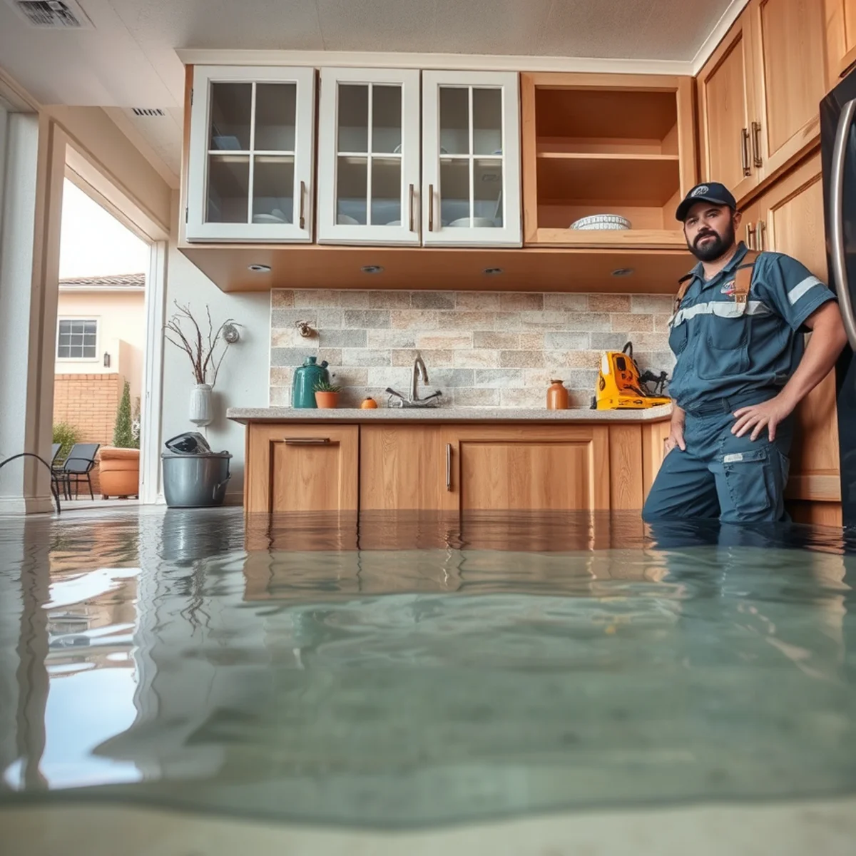 Water pooling under kitchen cabinets from a leaking dishwasher in Murrieta