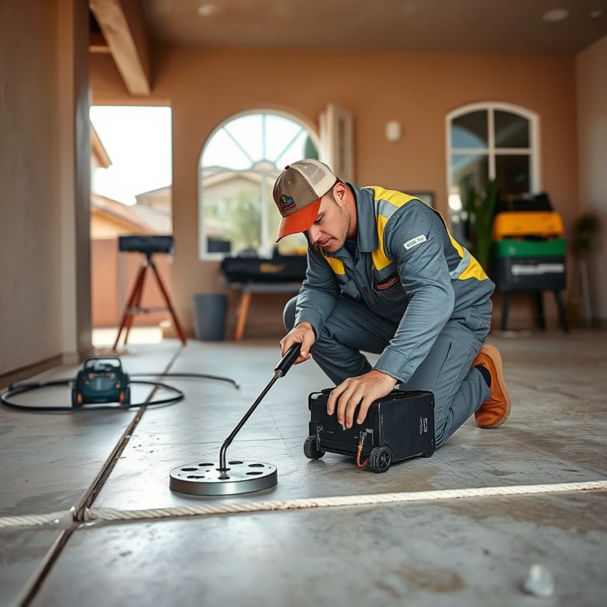 Technician using acoustic leak detection equipment on a slab in a Murrieta home