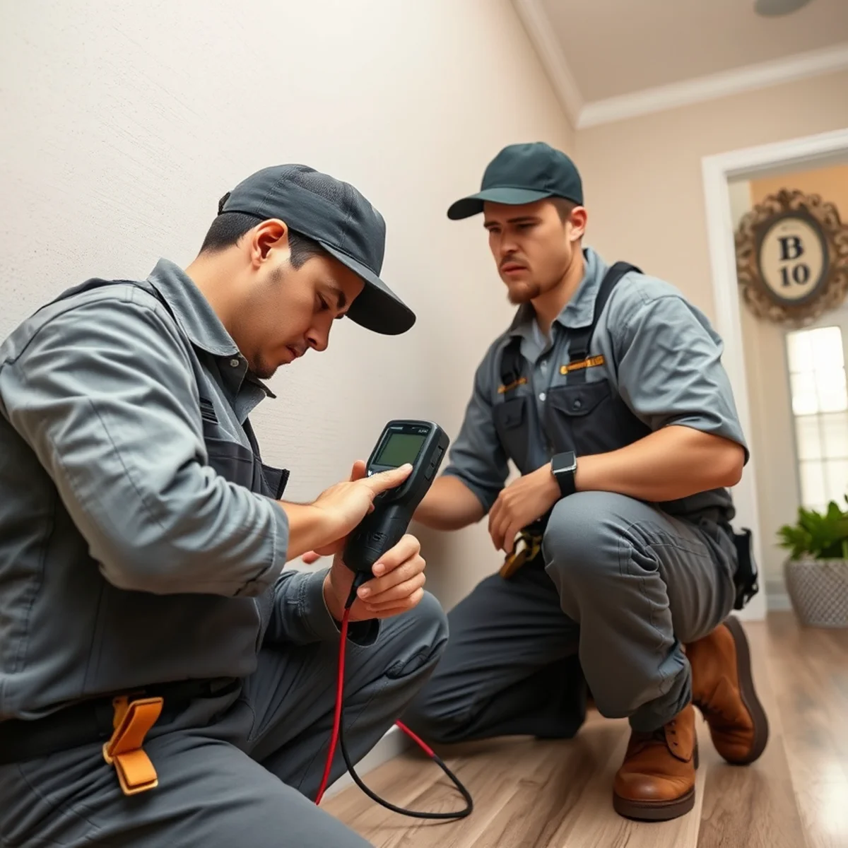 Technician using a moisture meter behind a baseboard in a Murrieta home