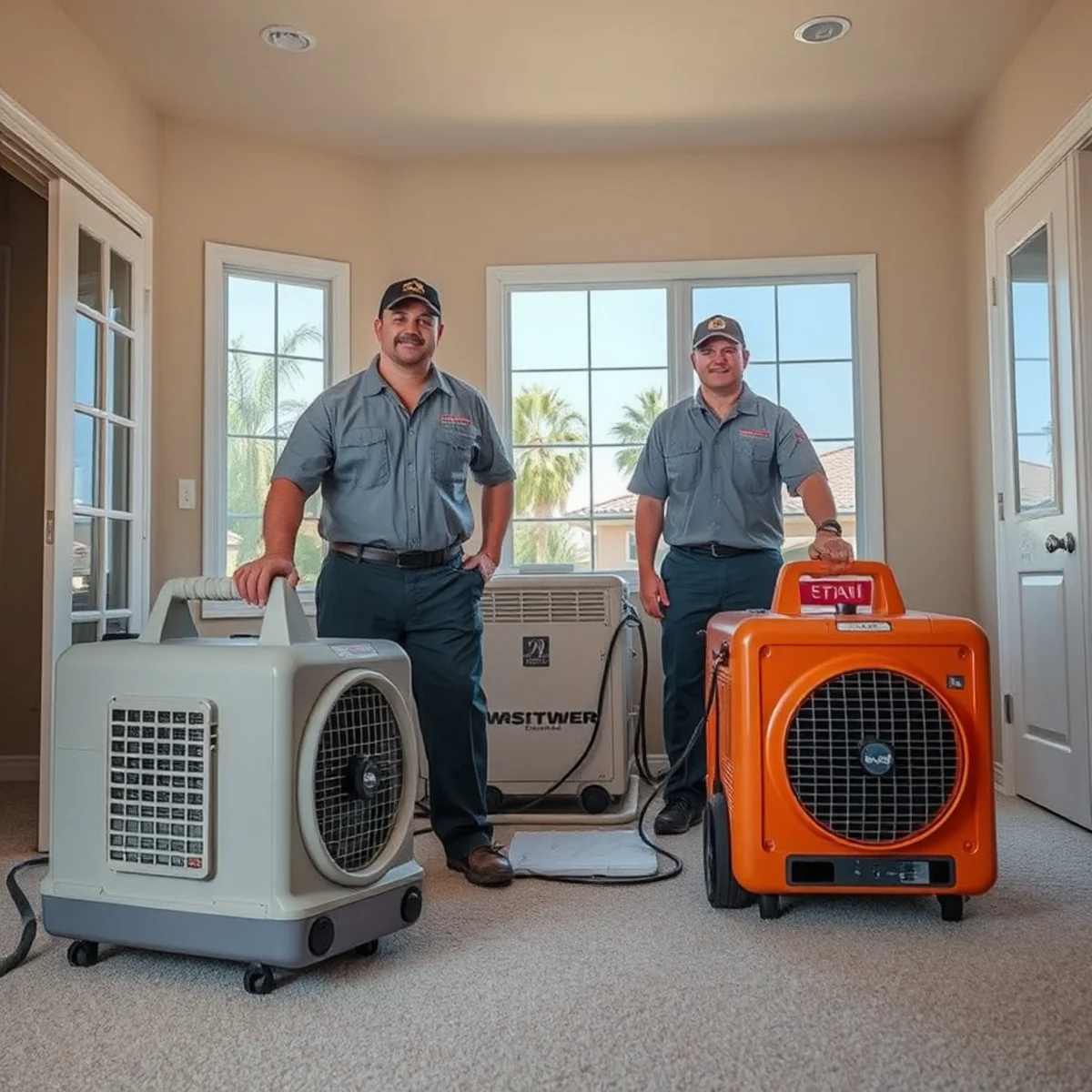 Air movers and a dehumidifier drying a room in a Murrieta home