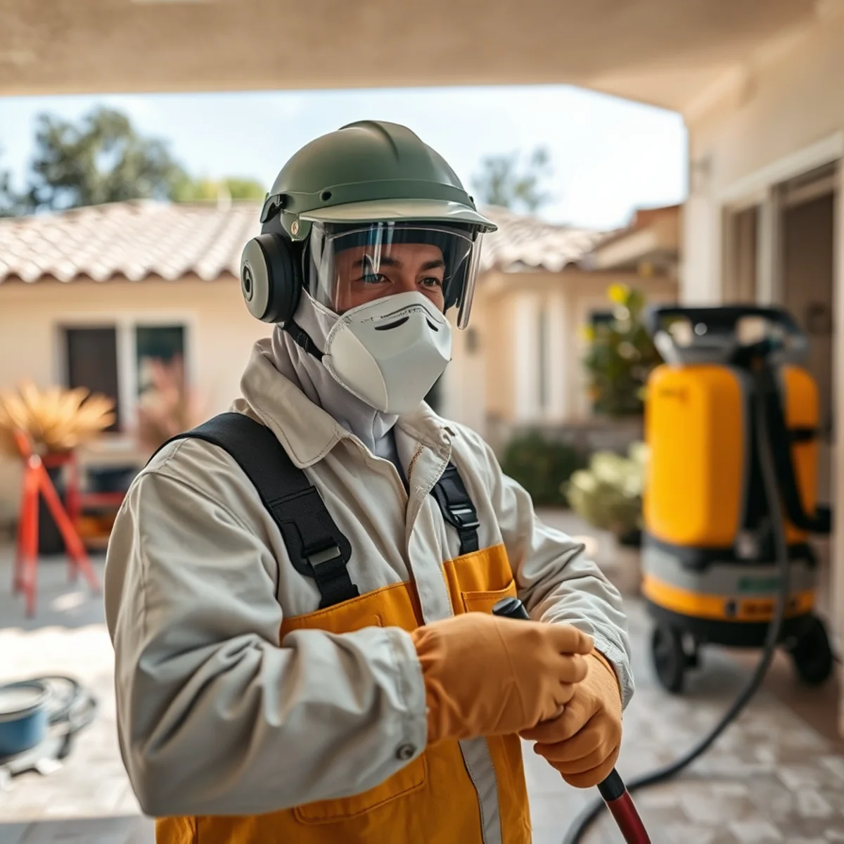Technician in PPE setting mold containment in an Inland Empire home