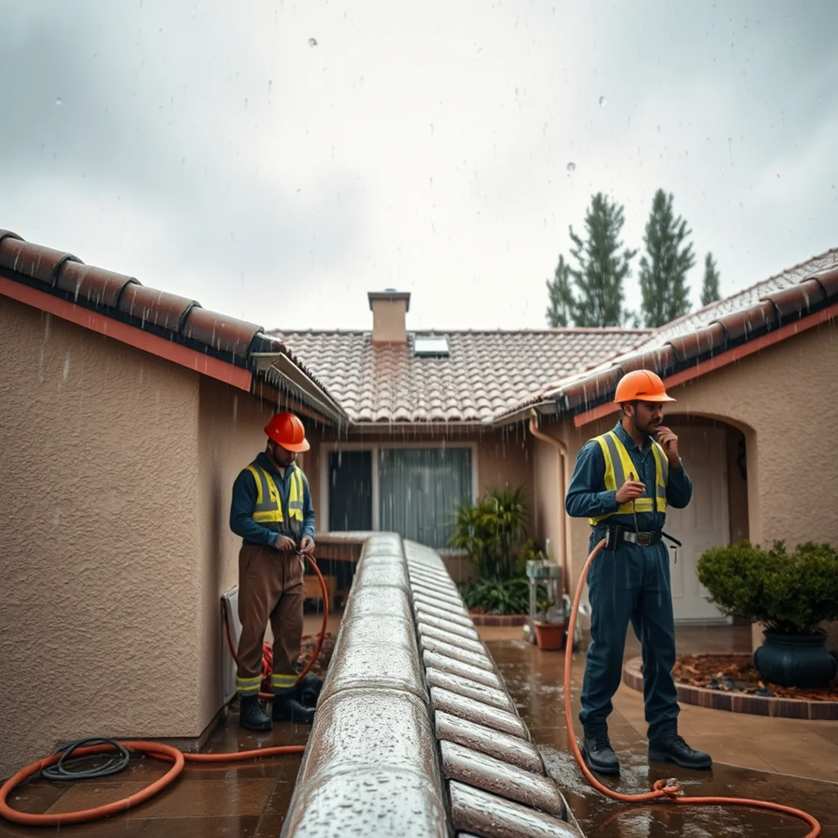 Rain running off a Murrieta home's roof and gutters during a winter storm