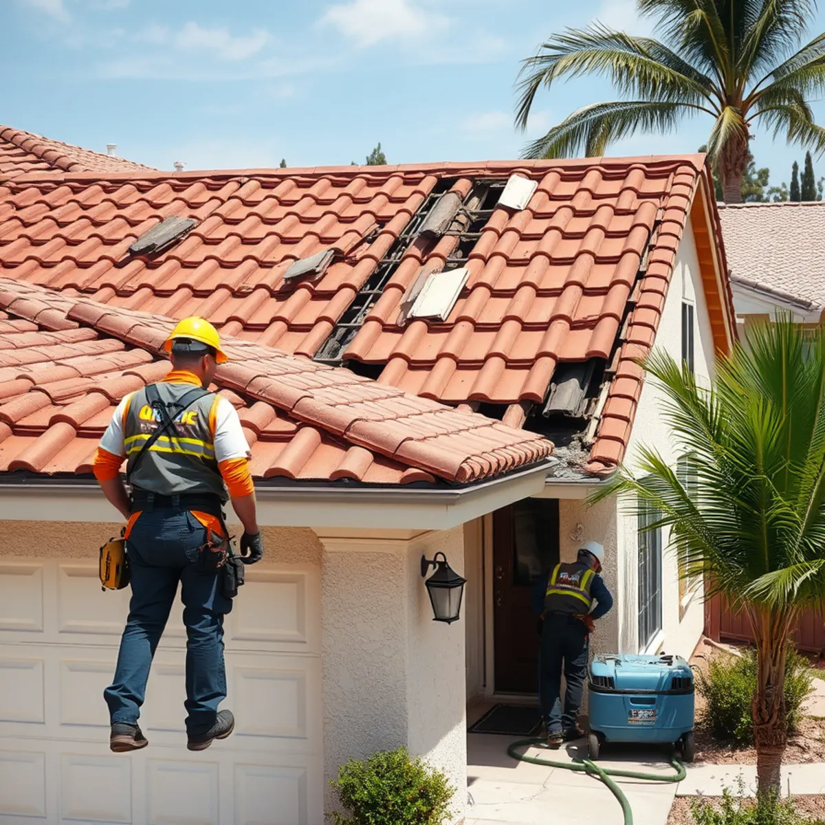 Wind-lifted roof tiles on a Murrieta home during Santa Ana wind season