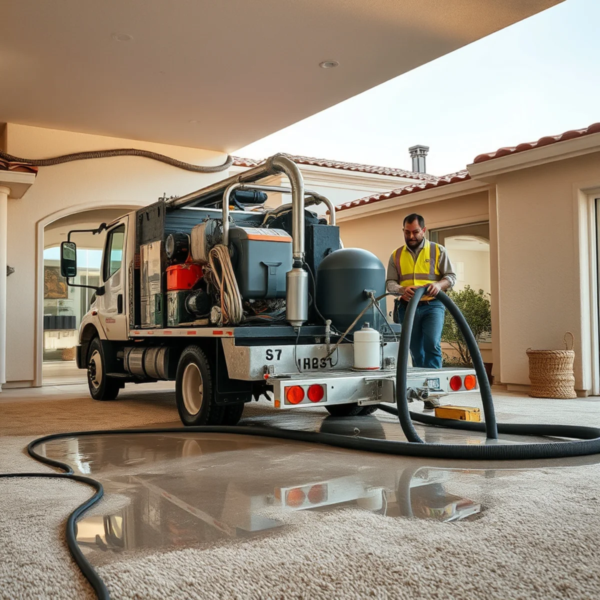 Truck-mounted water extraction on a flooded carpet in a Murrieta home