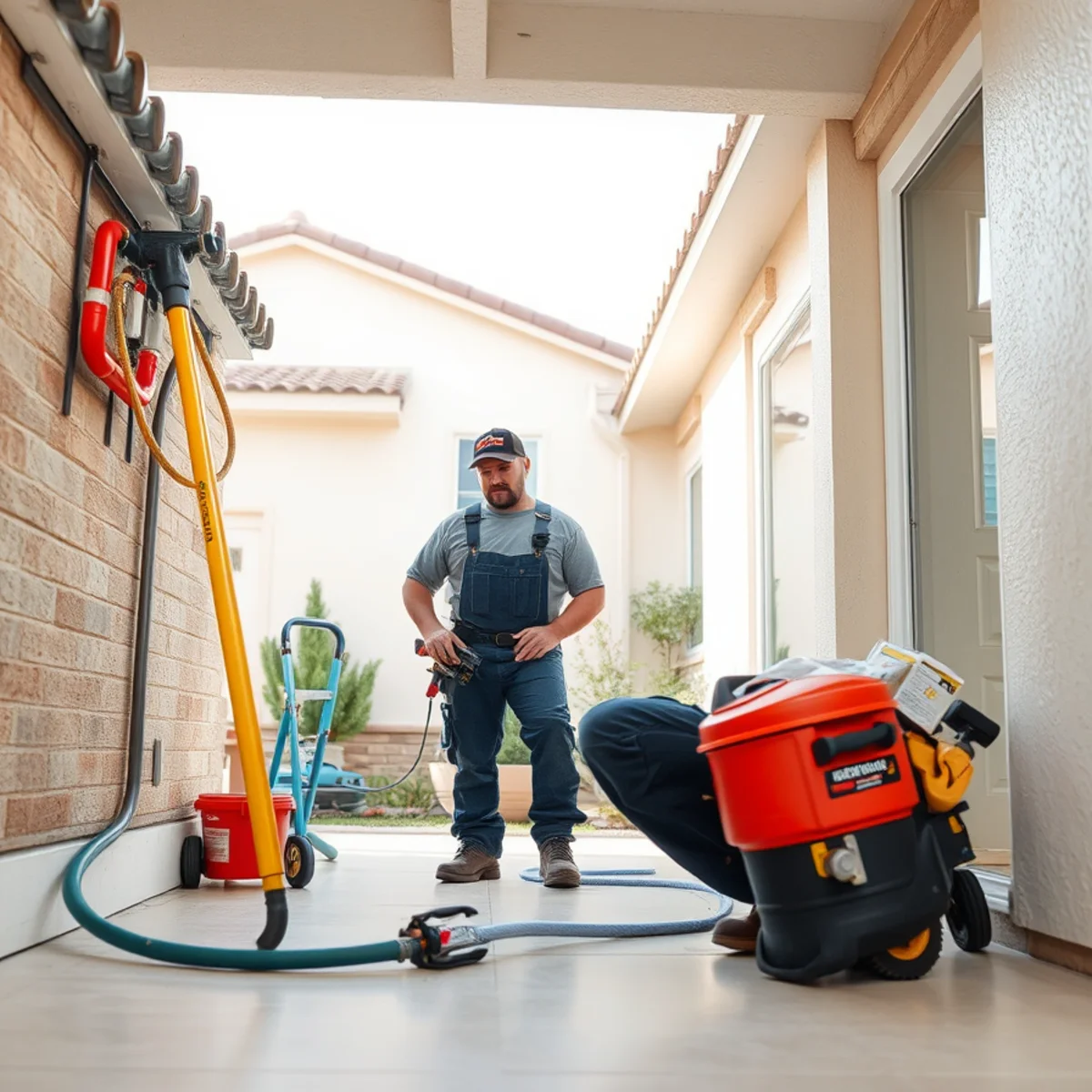 Plumber and restoration tech assessing a slab leak in a Murrieta home