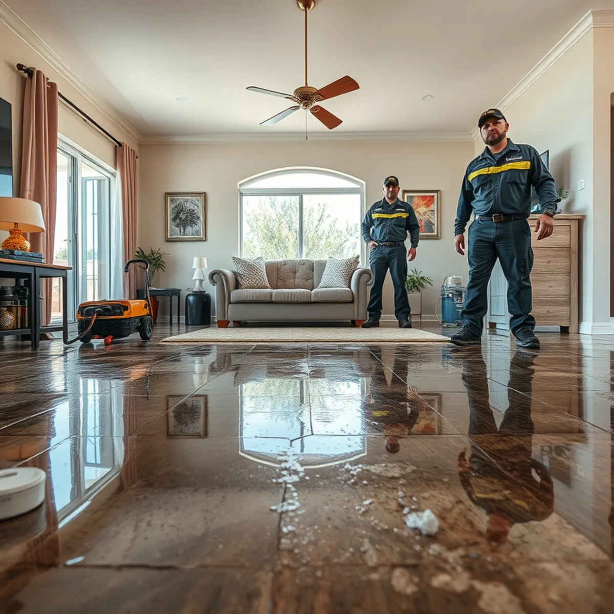Standing water across a Murrieta living room floor after a leak