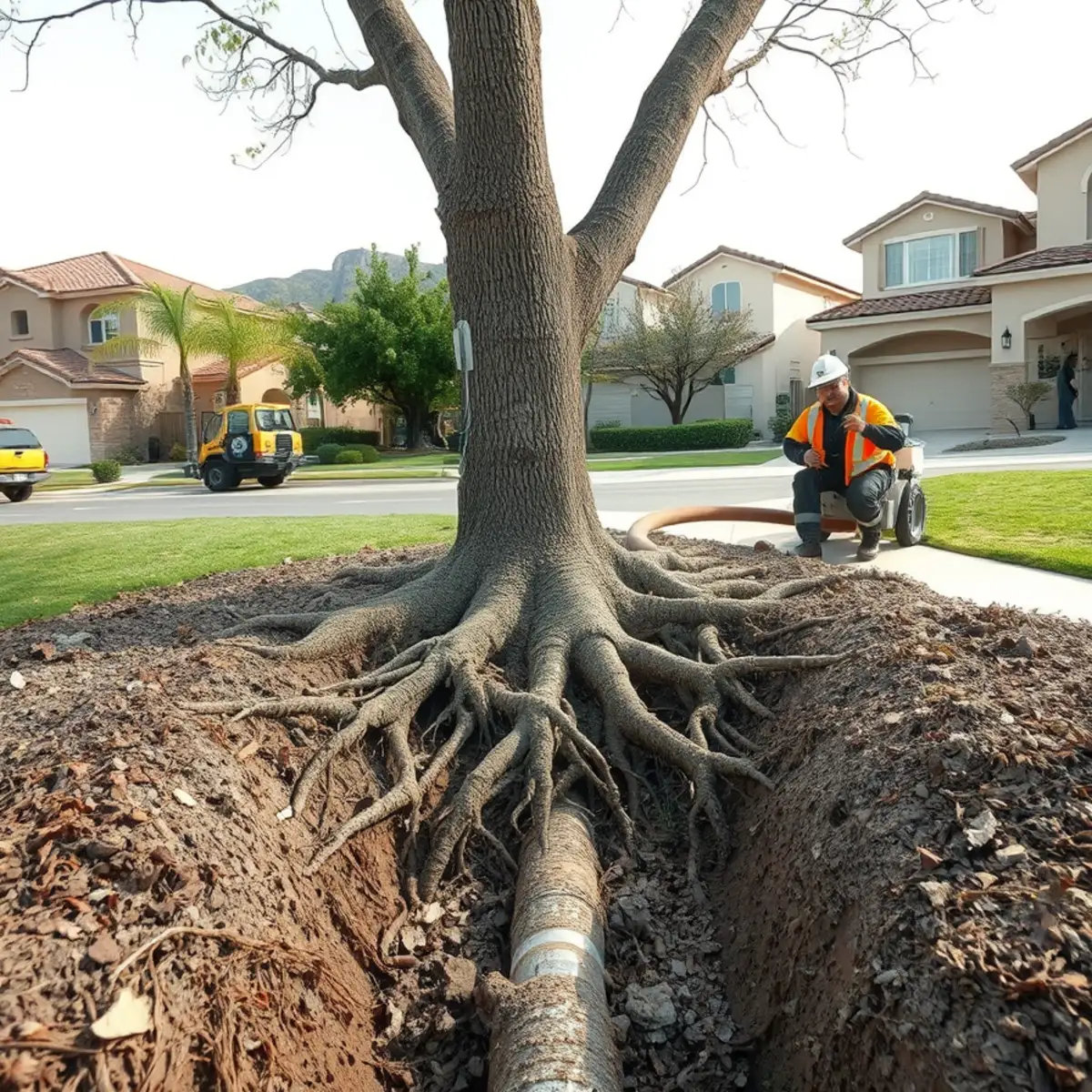 Tree roots intruding into a sewer line near a mature Murrieta neighborhood