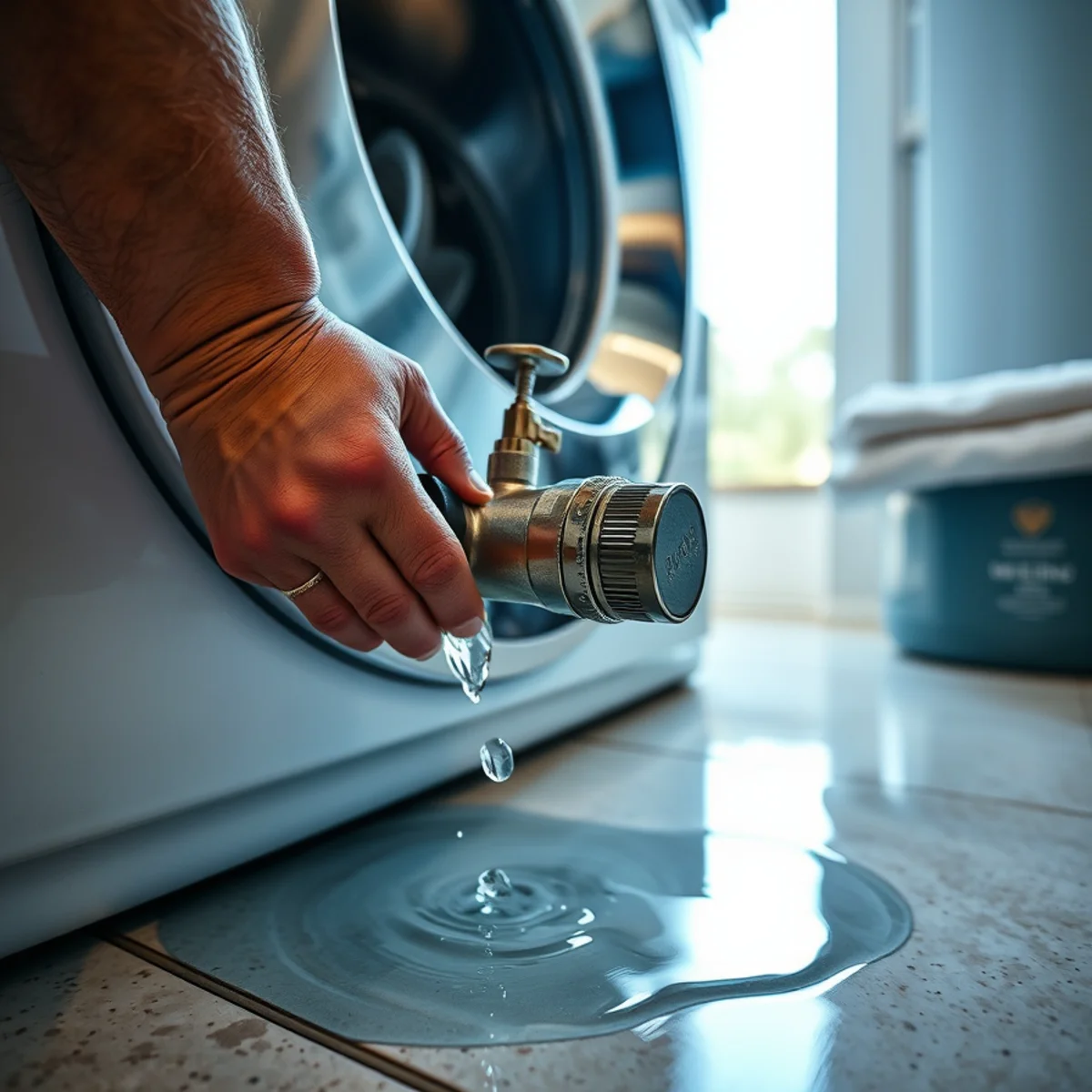 Homeowner shutting off the braided washing machine supply valve in a Murrieta laundry room