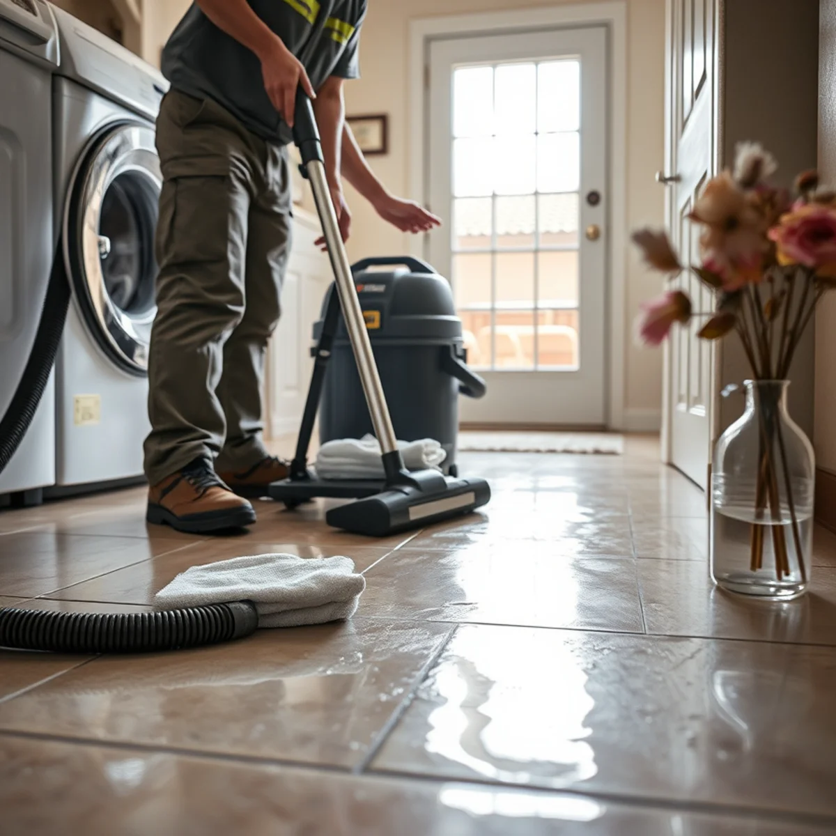 Wet-dry vacuum pulling standing water off a laundry room floor