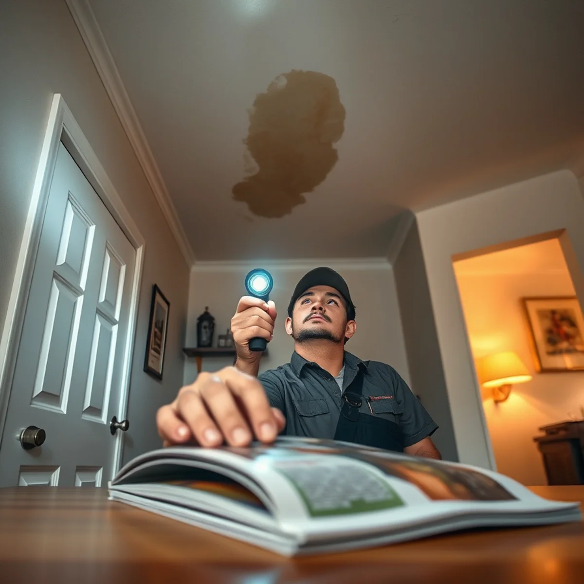 Homeowner inspecting the ceiling of the room below an upstairs laundry leak