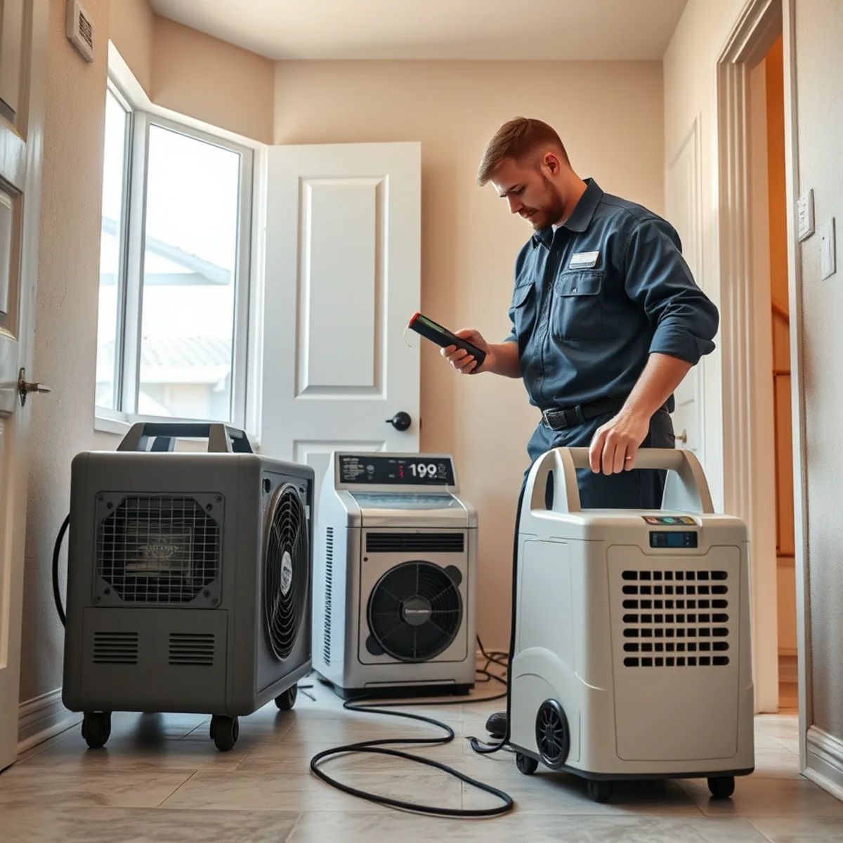 Restoration technician placing air movers after a washing machine leak in Murrieta