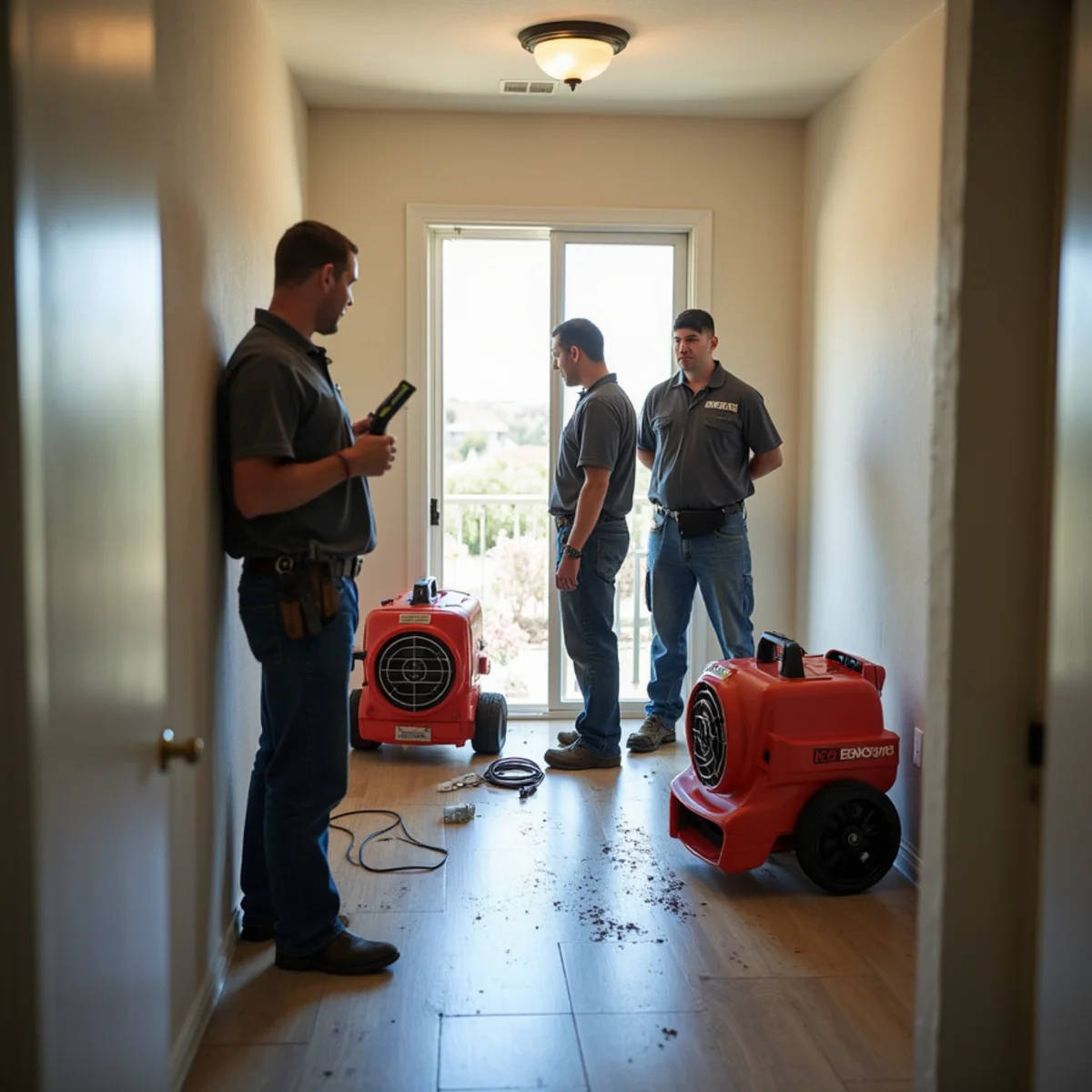 Water damage restoration crew working through extraction and drying in a Murrieta home