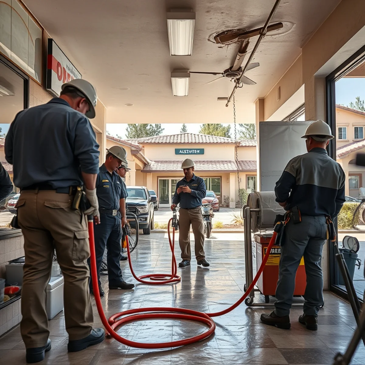Restoration crew responding to water damage in a Murrieta retail space