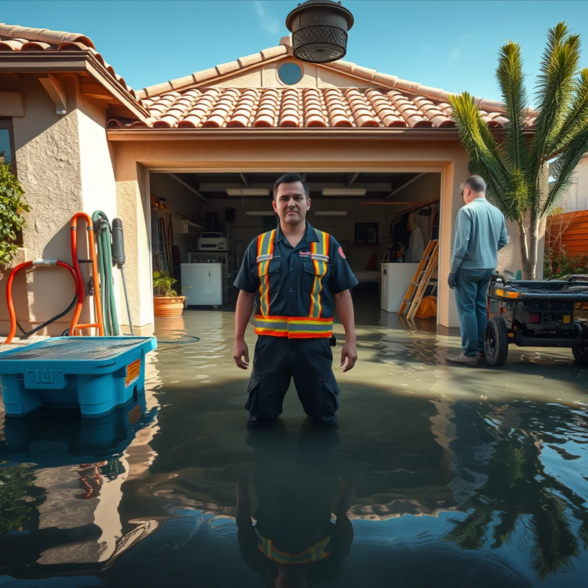 Flooded Murrieta garage from a failed water heater tank