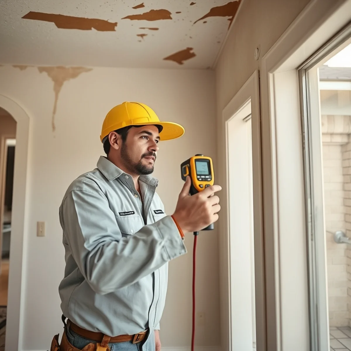 Restoration tech taking a moisture reading on wet drywall in a Murrieta home