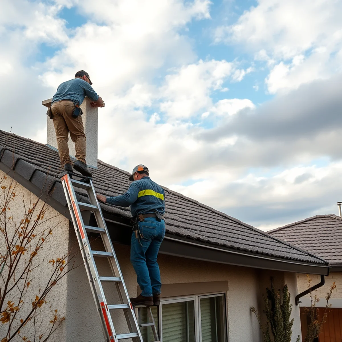 Homeowner inspecting roof shingles and chimney flashing before winter in the Inland Empire