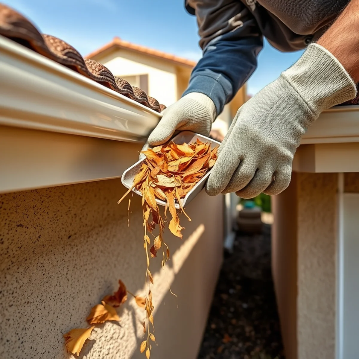 Cleaning leaves from home gutters before the rainy season