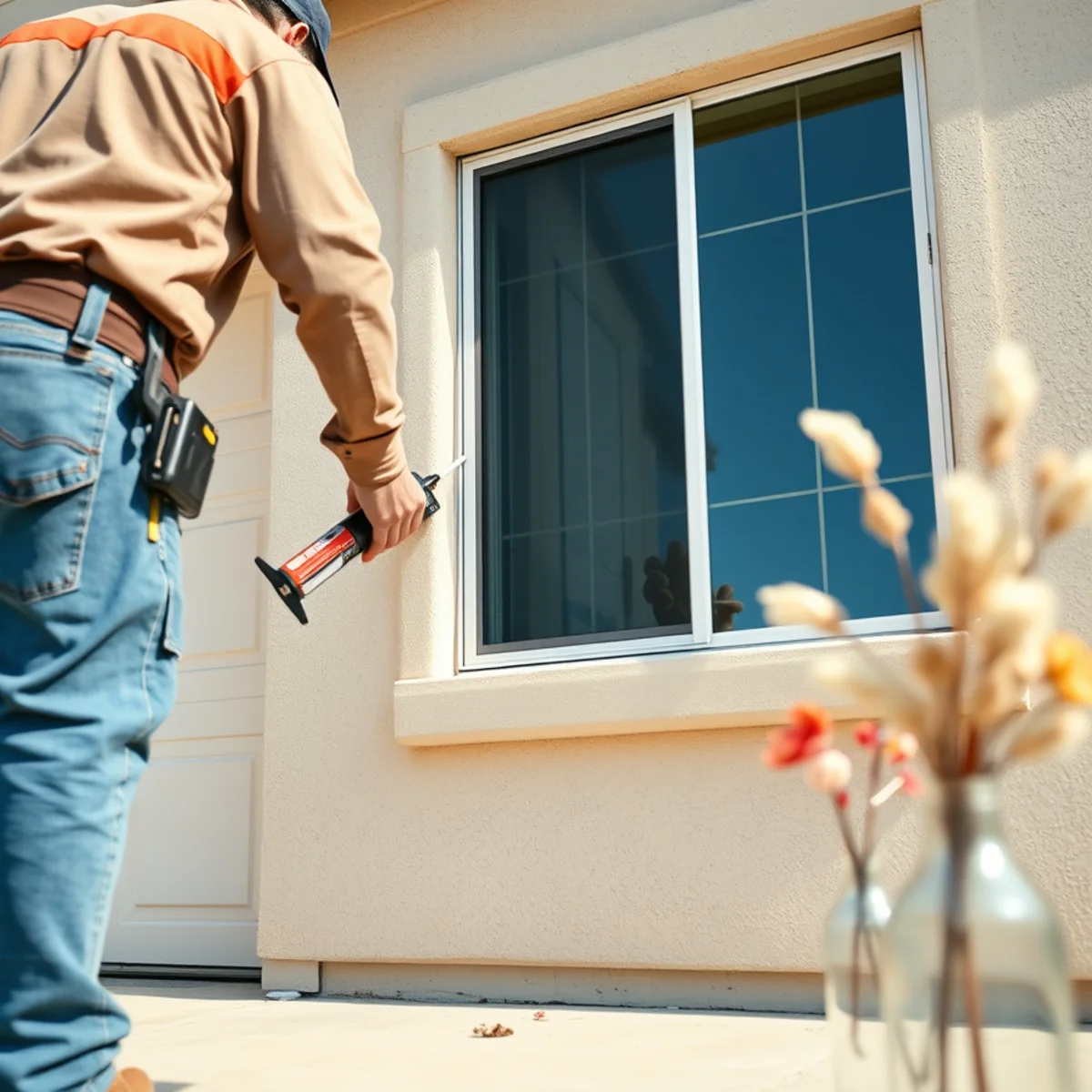 Checking weather sealing around a garage door and windows on a Murrieta home