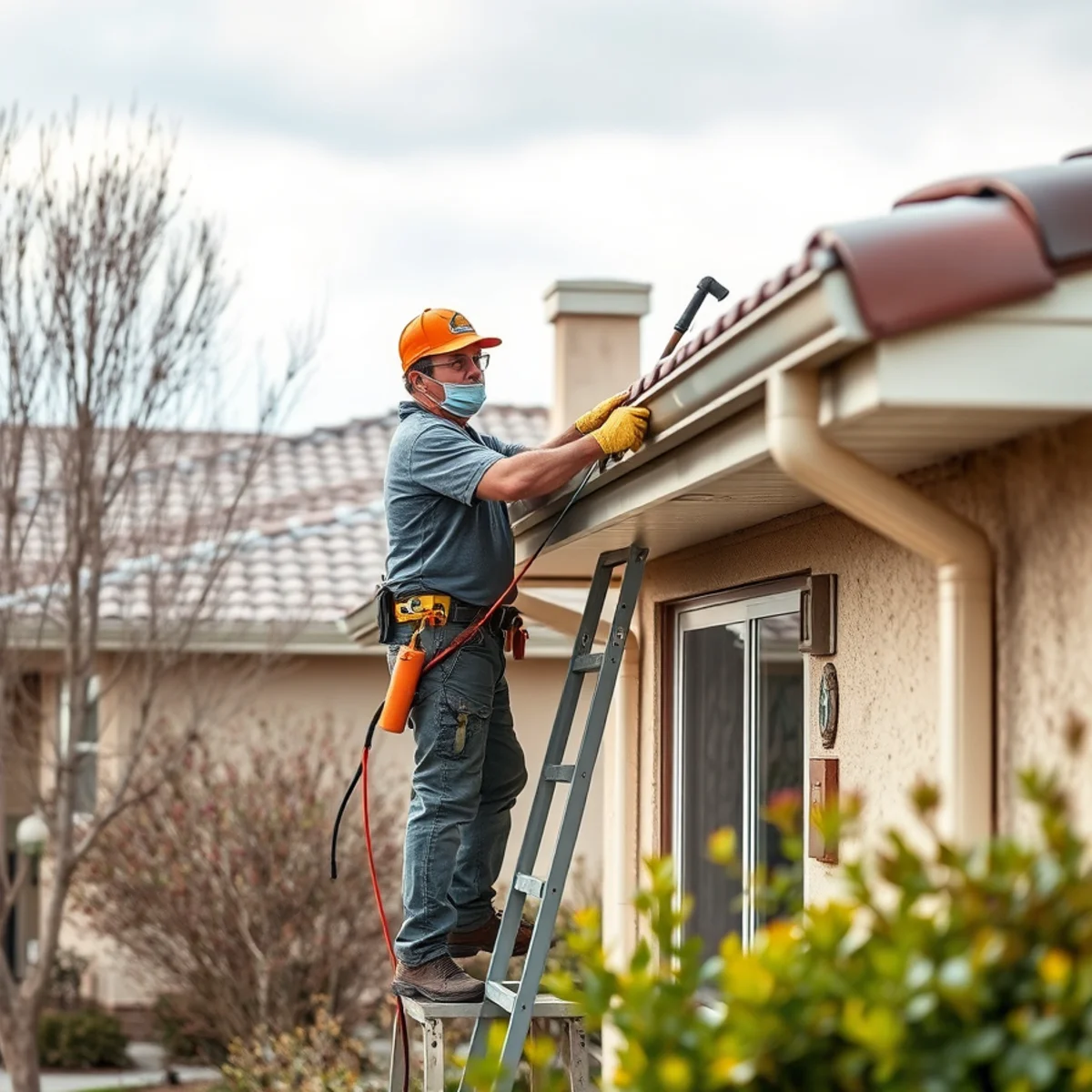 Homeowner clearing gutters before winter storms on an Inland Empire home