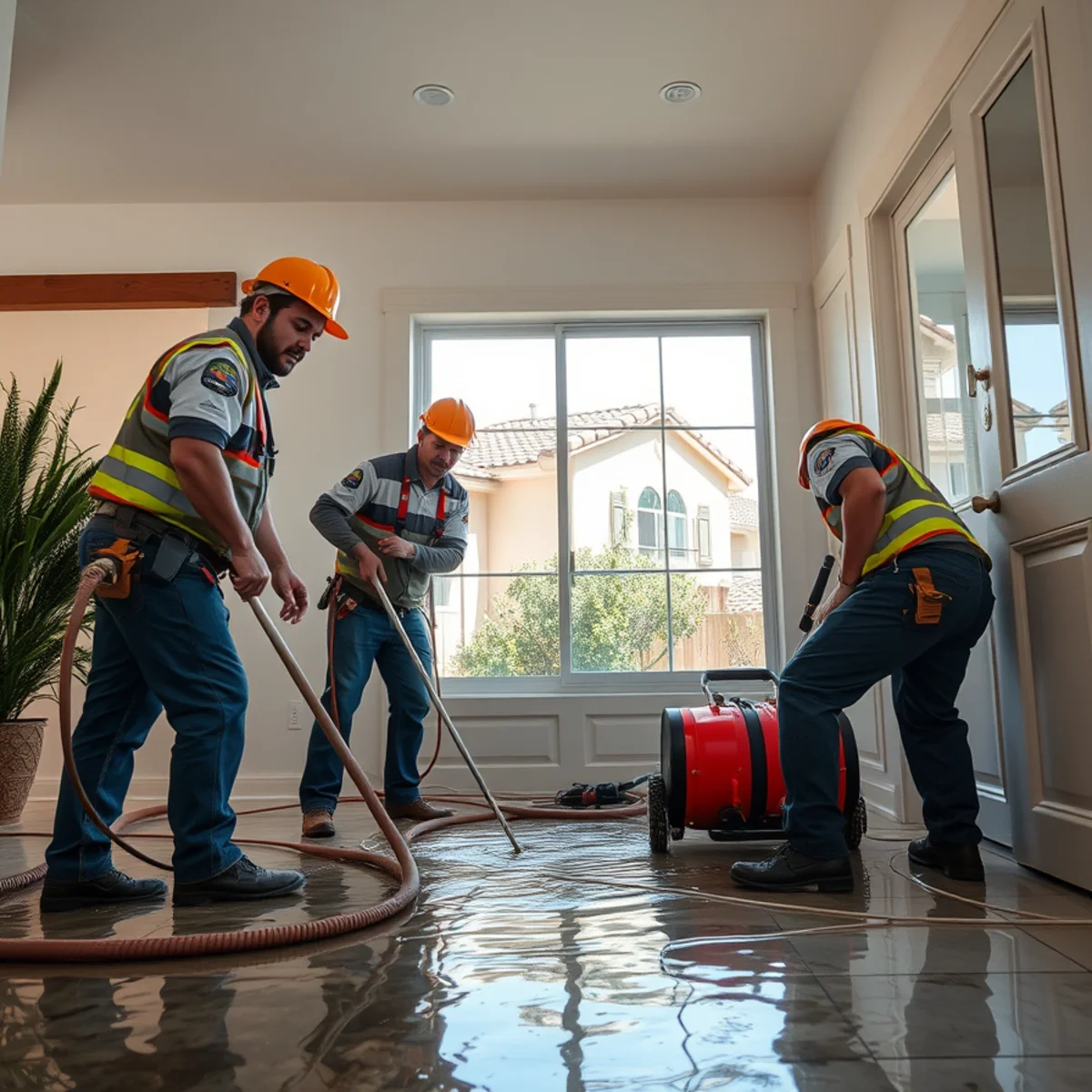 Restoration crew cleaning up burst pipe water damage in a Murrieta home