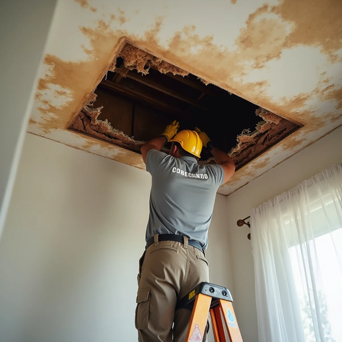 Ceiling Water Damage — a close look at the work during restoration in a Murrieta, CA home