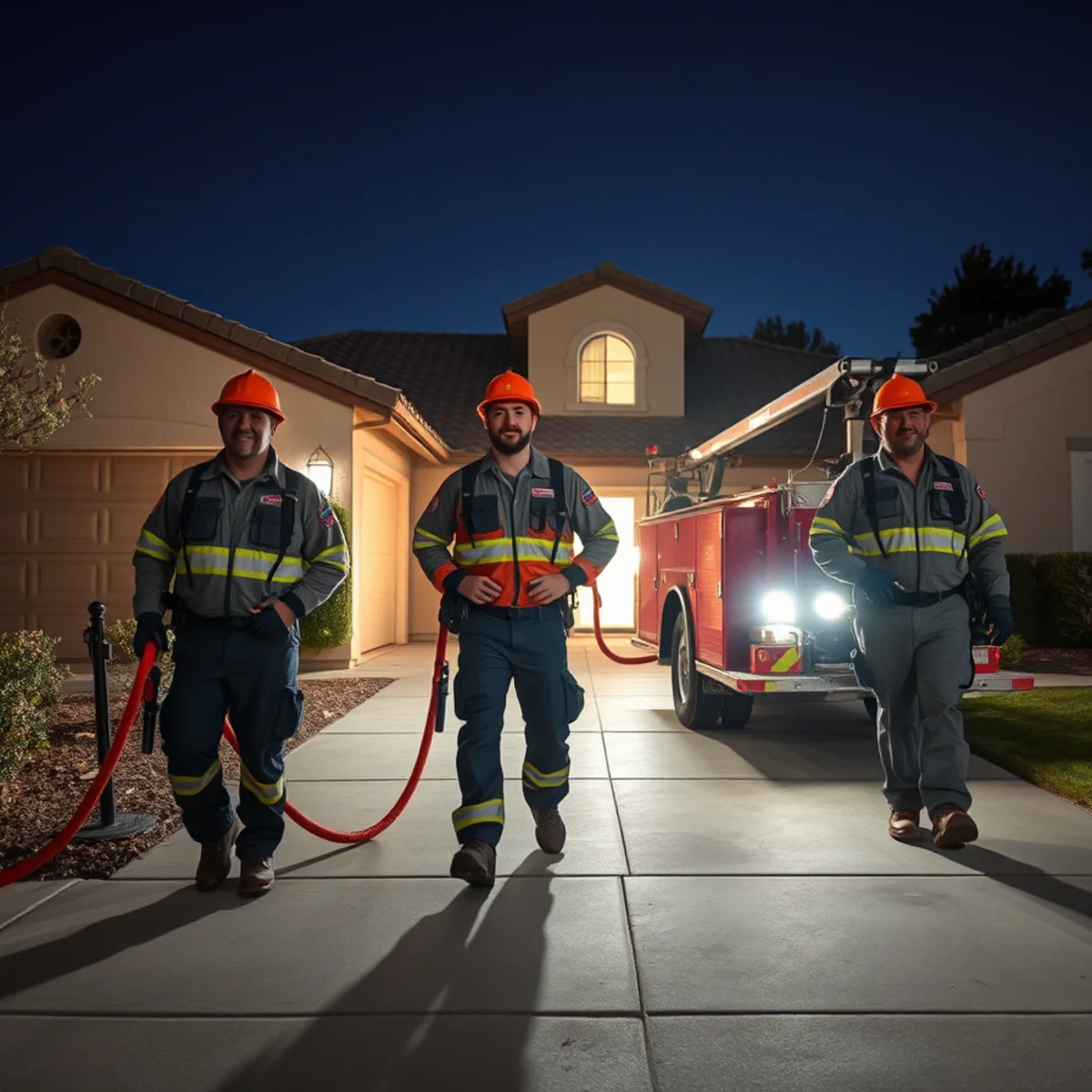 24/7 emergency water removal crew arriving at a flooded Murrieta home at night