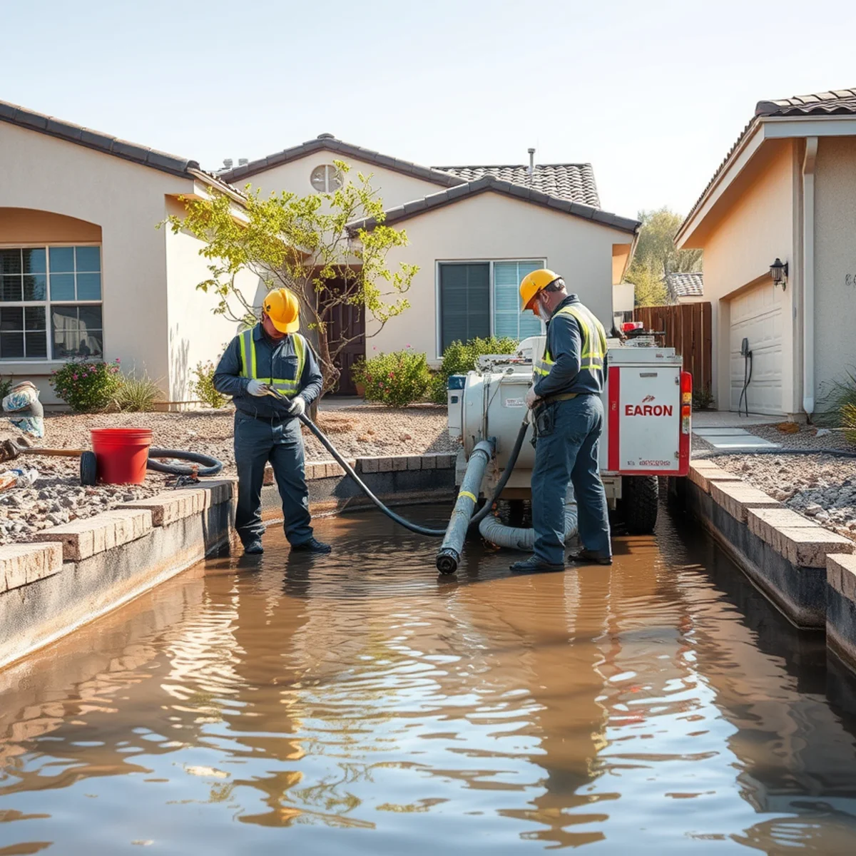 Crew pumping water from a flooded basement crawl space at a Murrieta home