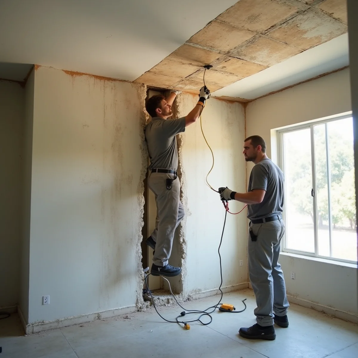 Water damage restoration underway inside a home in Clarendon Hills