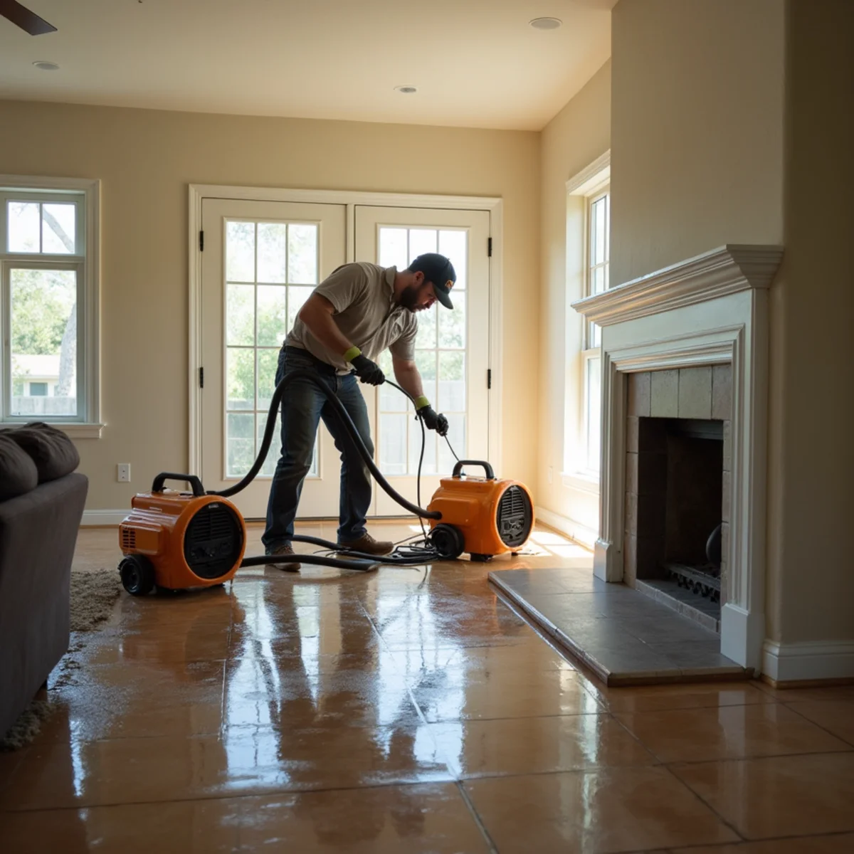 Water damage restoration underway inside a home in Creek Side