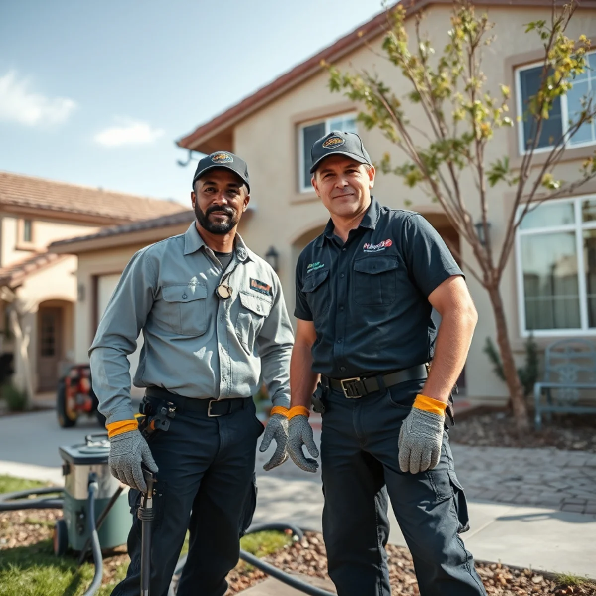 Water damage restoration technician operating a truck-mounted extractor at a guard-gated Greer Ranch home