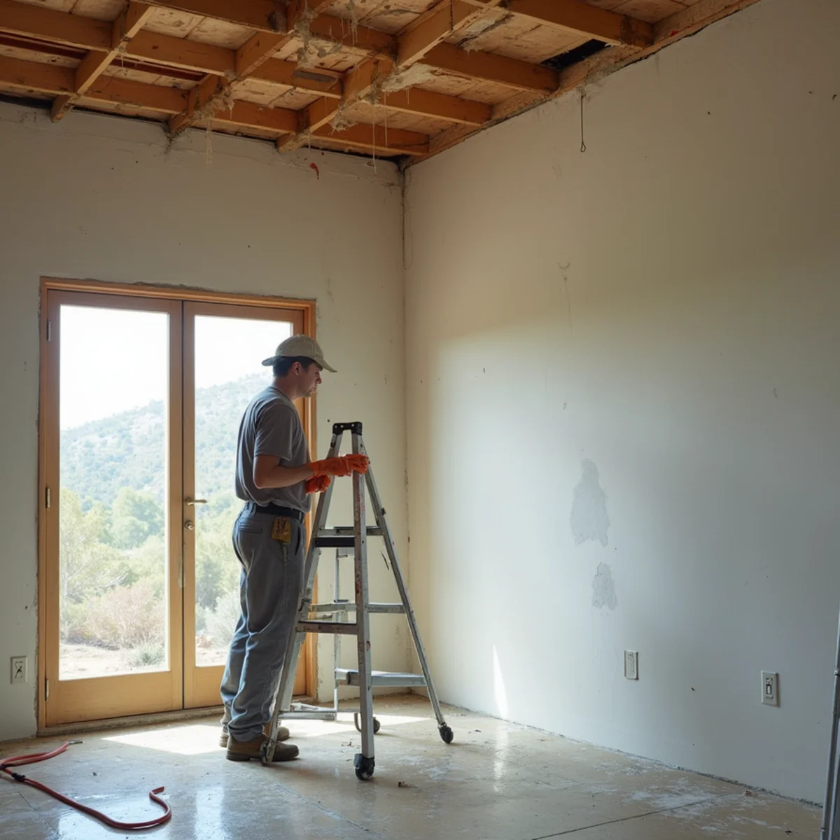 Water damage restoration underway inside a home in Los Alamos Hills