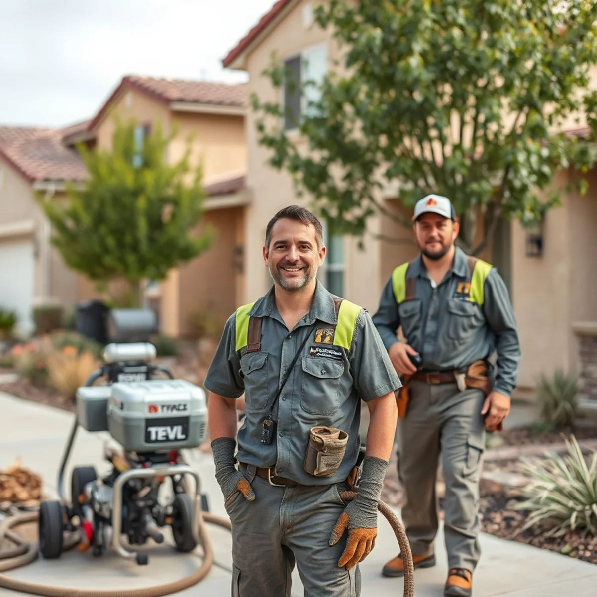 Water damage restoration crew pumping water from a hillside Los Alamos Hills home