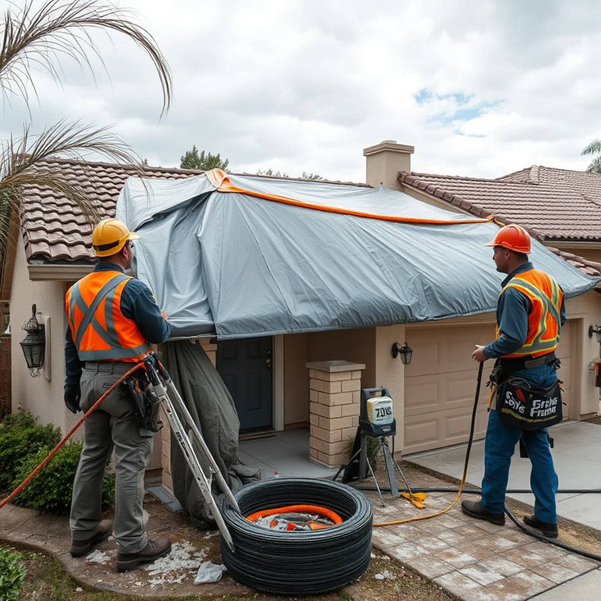 Emergency roof tarp stopping a roof leak on a Murrieta home after a storm