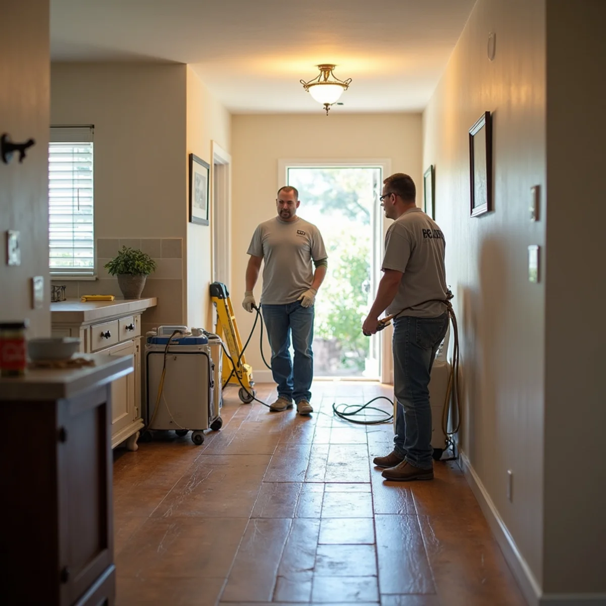Water damage restoration underway inside a home in French Valley