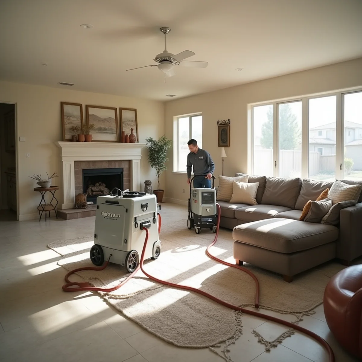 Water damage restoration underway inside a home in Perris