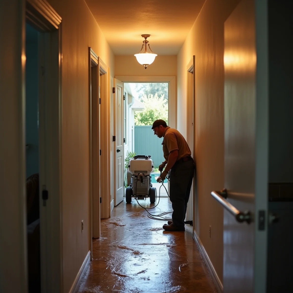 Water damage restoration underway inside a home in Riverside County