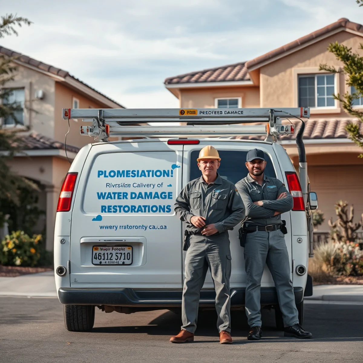 Water damage restoration van and crew responding to a flooded home in Riverside County