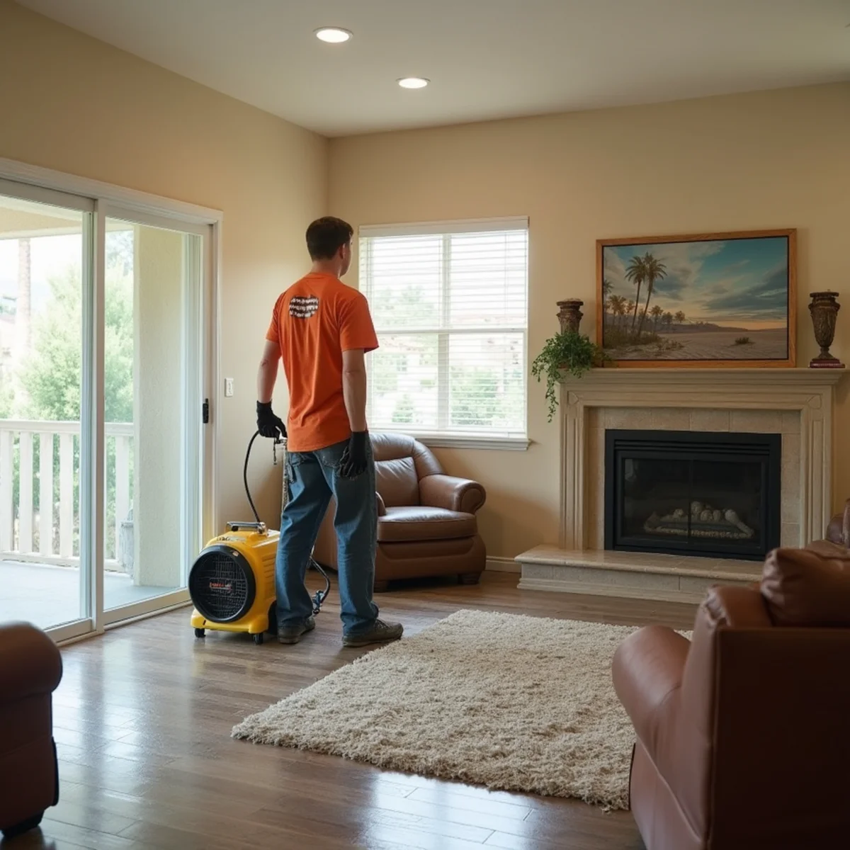 Water damage restoration underway inside a home in San Jacinto