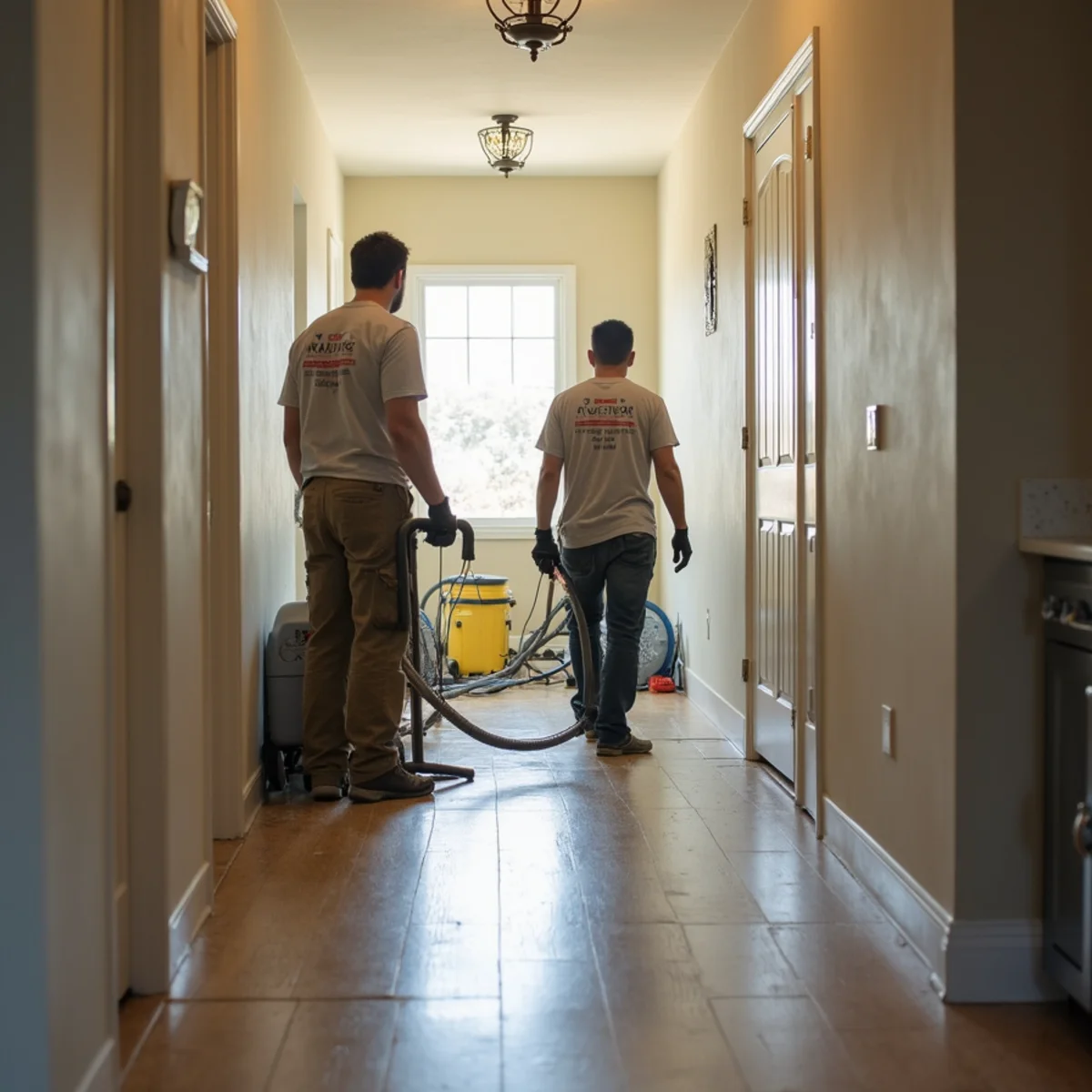 Water damage restoration underway inside a home in San Marcos