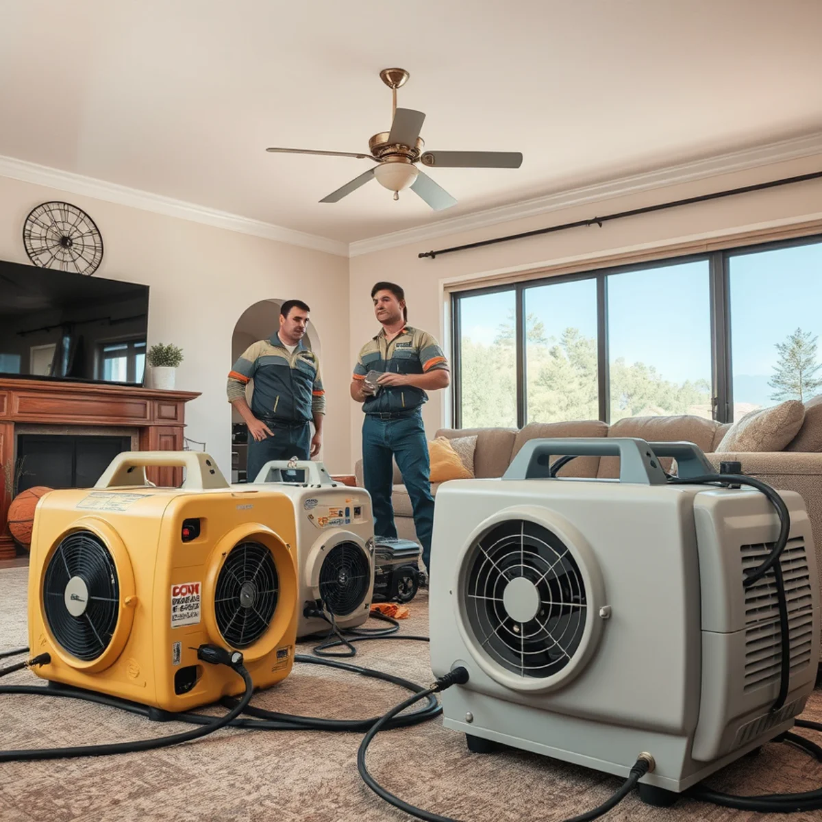 Structural drying with air movers and industrial dehumidifiers in a water-damaged Murrieta home