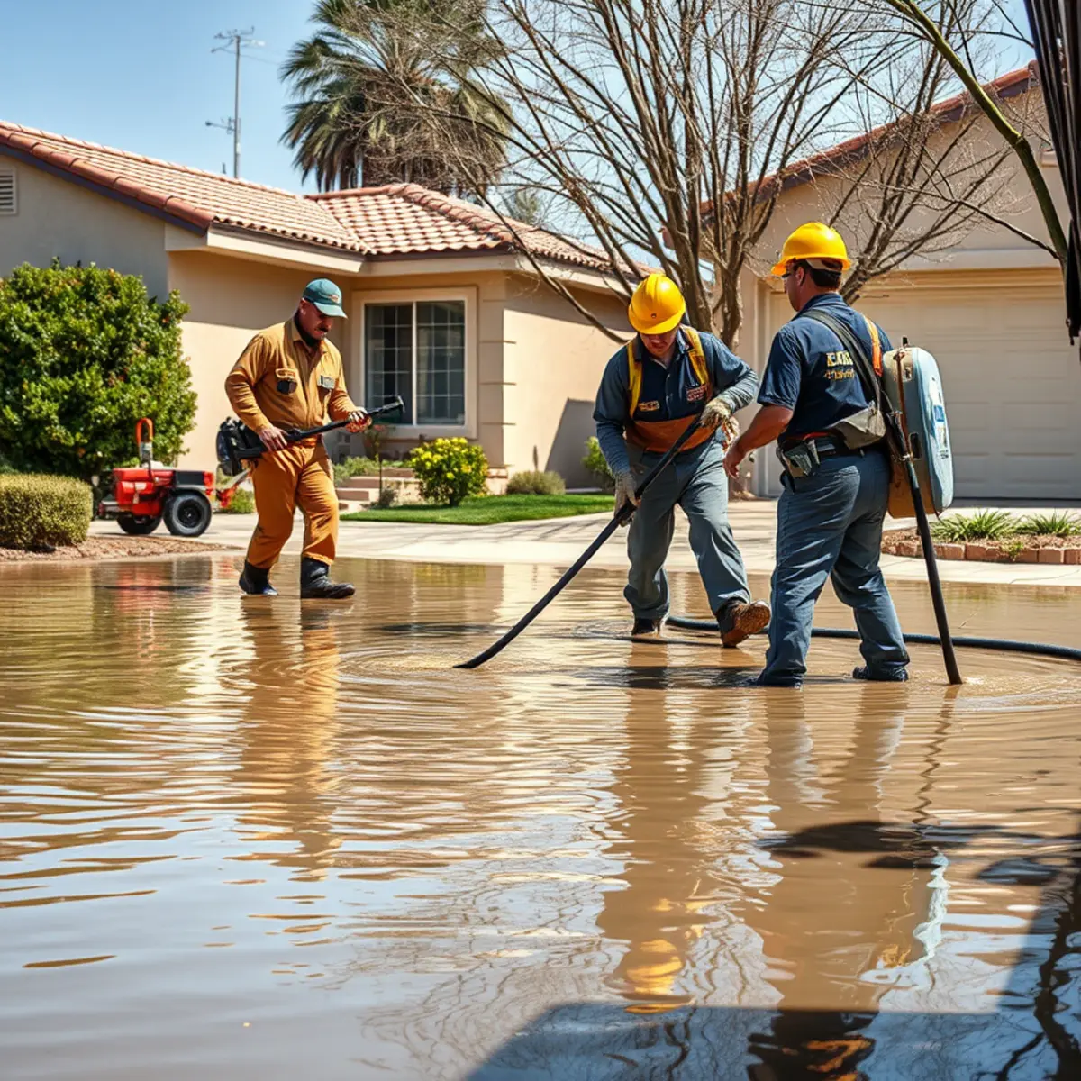 Water extraction crew removing standing water from a flooded Murrieta home
