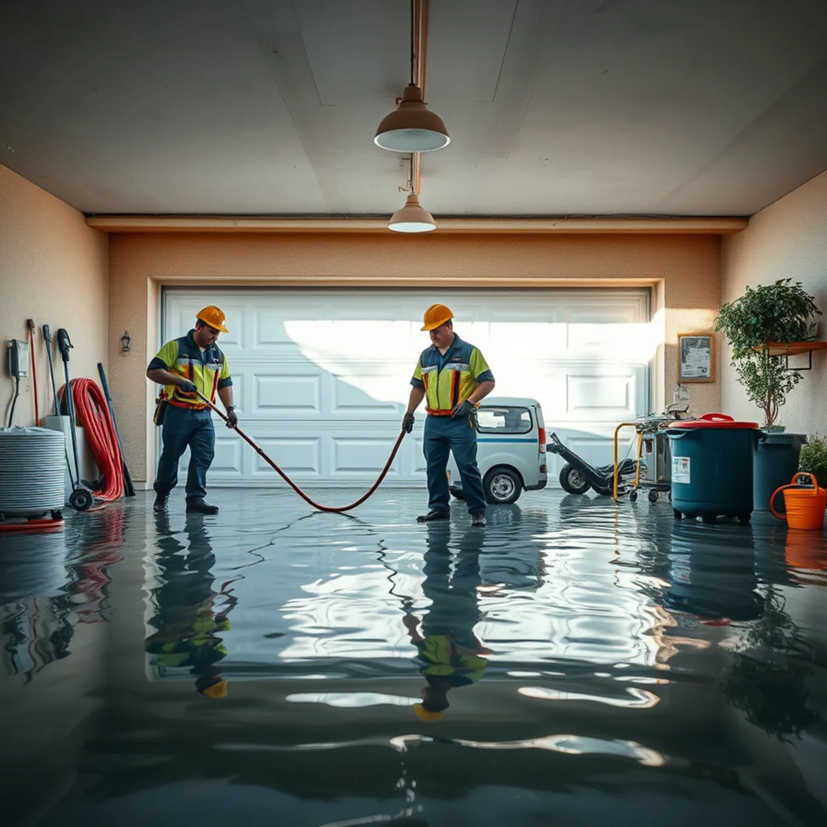 Water heater leak cleanup in a flooded Murrieta garage after a tank failure
